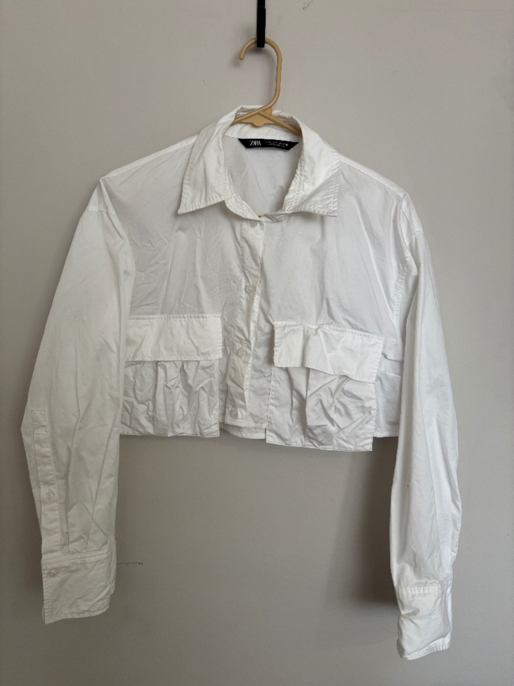 Zara Cropped White Button Down | Long Sleeve Woven Shirt | Small